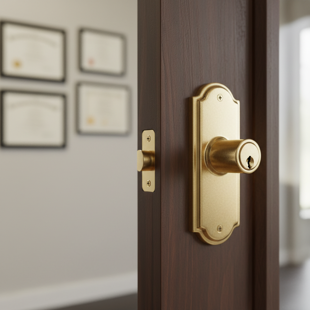 A close-up of a sturdy, classic brass door lock securely fastened on a richly stained, deep walnut front door, the metal slightly brushed with a warm satin finish. Behind the door, a faintly visible, blurred interior hallway with framed certificates on the wall suggests a professional insurance office. Soft, diffused morning light illuminates the lock, highlighting fine details of the keyhole and smooth contours, while gentle shadows define the door’s wood grain. Captured from a slightly angled side view with a shallow depth of field, the lock sits on the right third of the frame. The photographic style is realistic and clean, conveying reliability, security, and peace of mind for final expense life coverage.