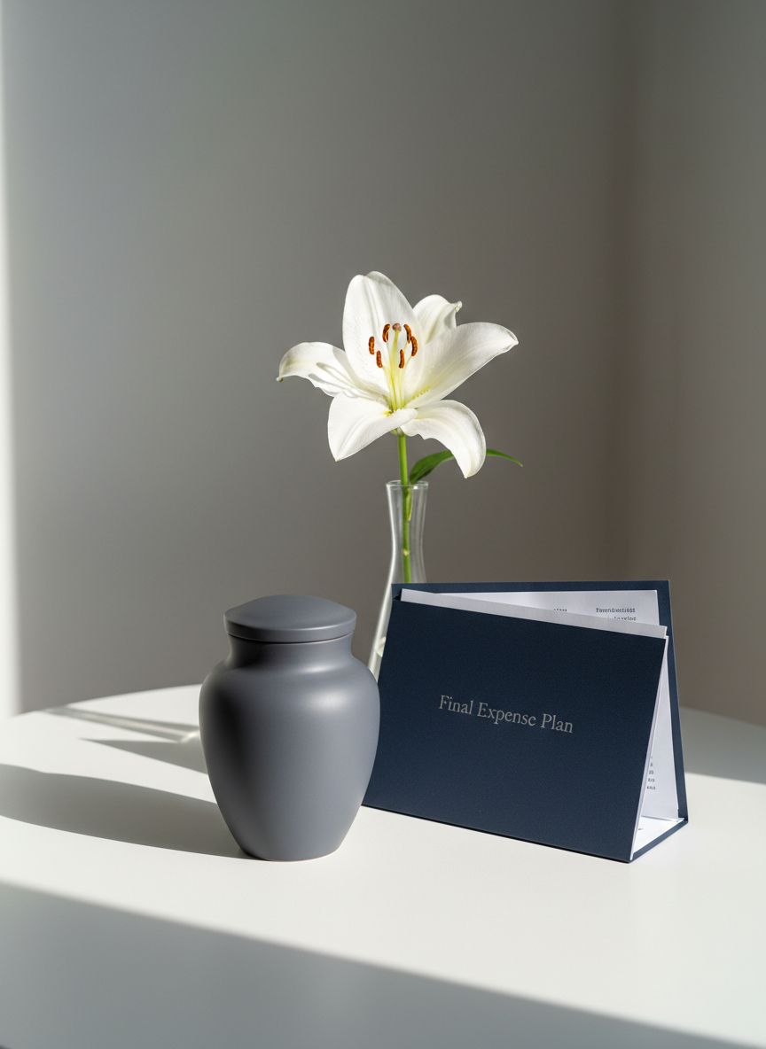 An elegant, minimalist still life featuring a small, matte charcoal-gray urn with simple curves, placed on a smooth white surface. Next to it, a neatly folded dark blue folder labeled “Final Expense Plan” in understated silver lettering rests partially open, revealing the edge of orderly documents within. A single white lily in a slim glass vase stands behind them, its petals softly lit. Gentle, diffused natural light from the left casts soft shadows and a quiet glow, creating a serene, respectful atmosphere. The background is a softly blurred gradient of cool neutrals. Shot at eye level with balanced composition, photographic realism, and a calm, dignified mood suitable for sensitive end-of-life planning.